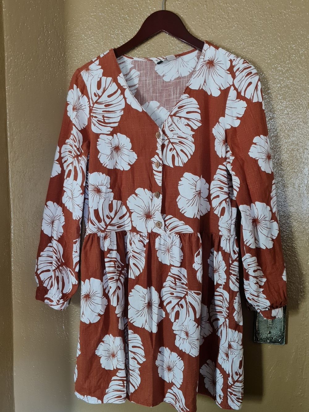 Roxy Rust Floral Button-Front V-Neck Dress